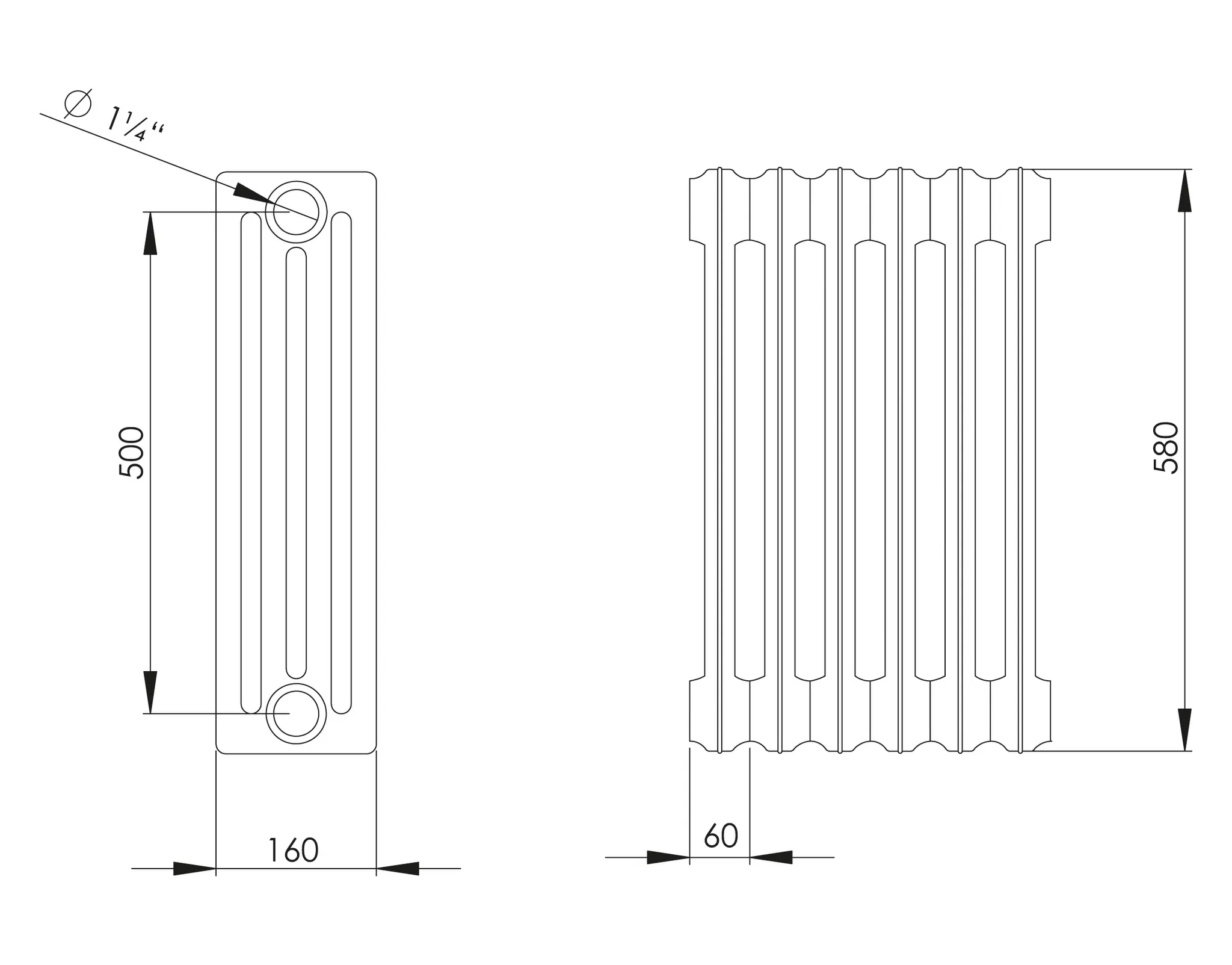 ASW Gussradiator grundiert 36 Glieder Nabenabstand 500 mm „Berlin“ 216 × 58 × 16 cm