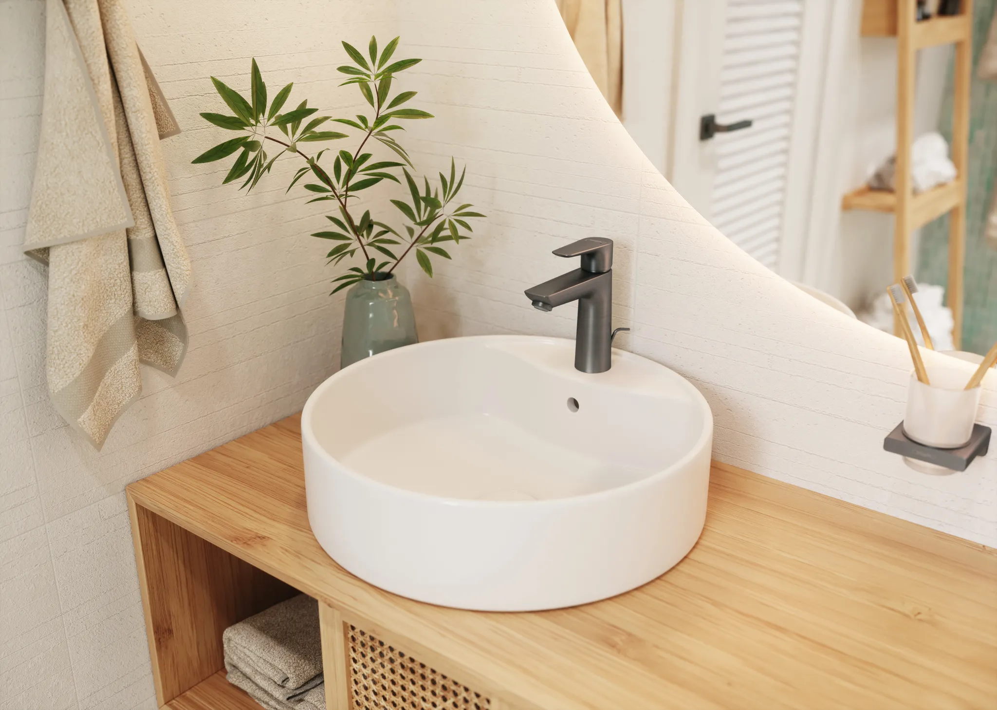 Hansgrohe AddStoris Q Zahnputzbecher Brushed Black Chrome Wandmontage Metall Mattglas Befestigungsmaterial verdeckte Befestigung Bohrabstand 26 mm Bohrloch 6 mm