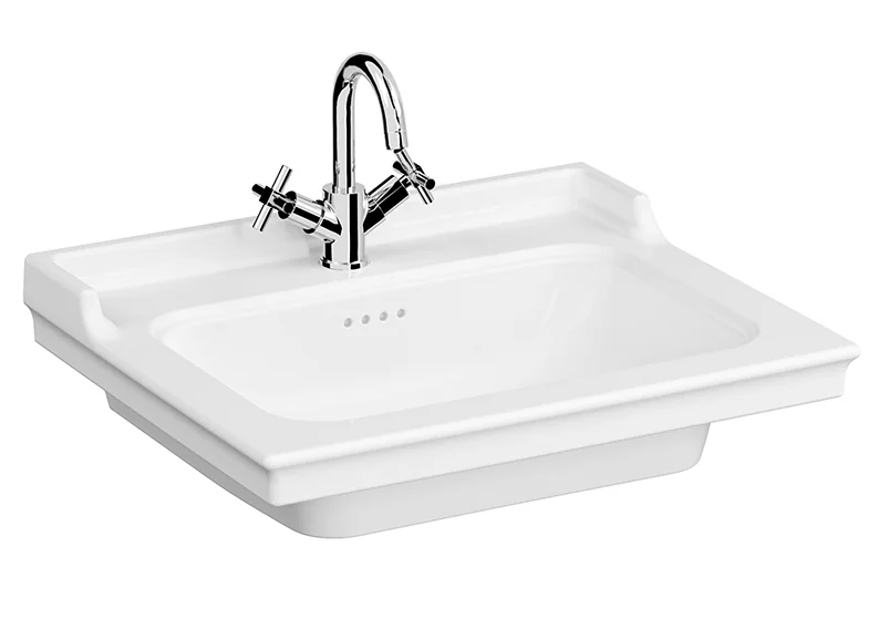 Valarte Möbelwaschtisch 65 x 53 cm mit Hahnloch 4 Überlauflöcher Weiß Hochglanz mit Oberfächenveredelung Clean