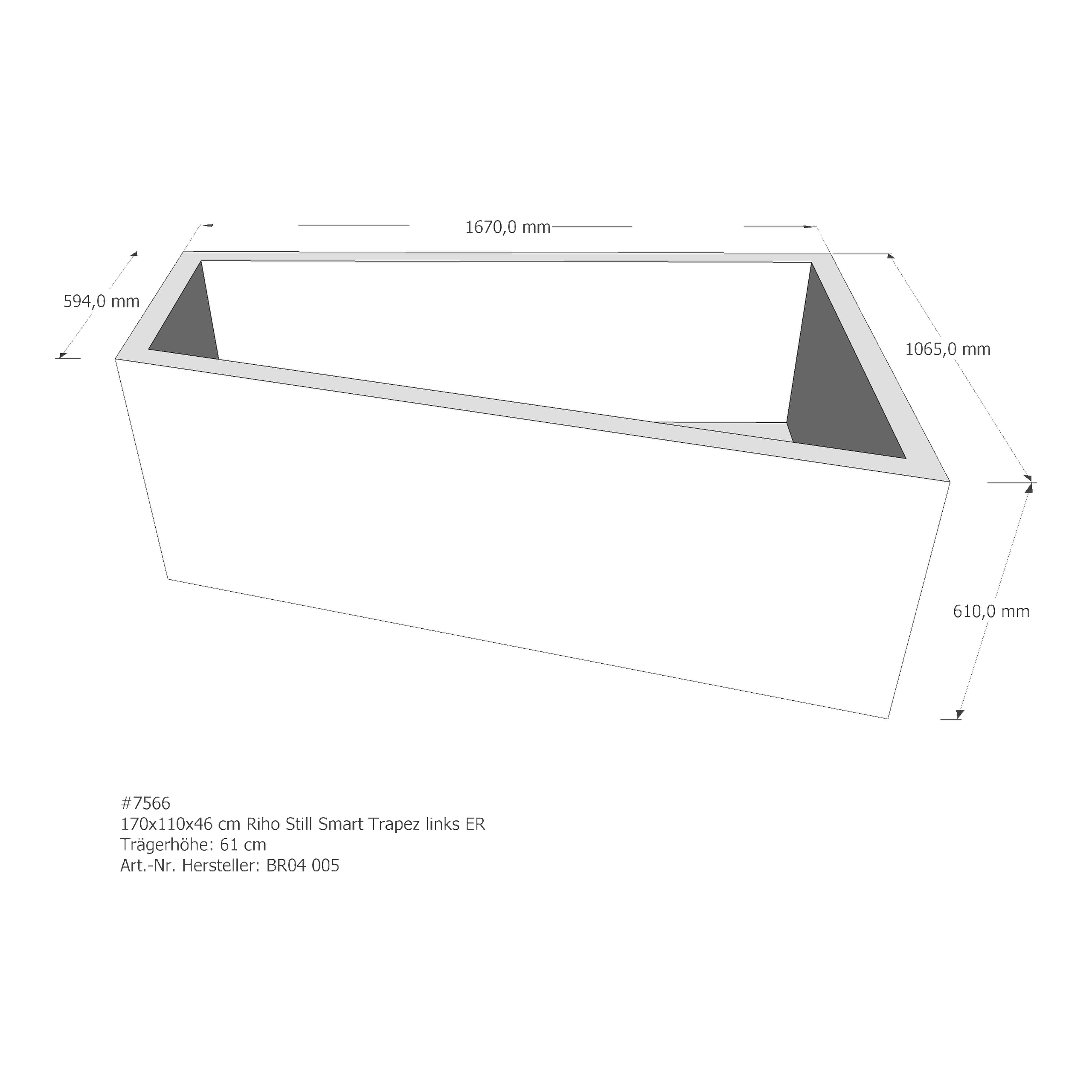 Badewannenträger für Riho Still Trapez links 170 × 110 × 46 cm