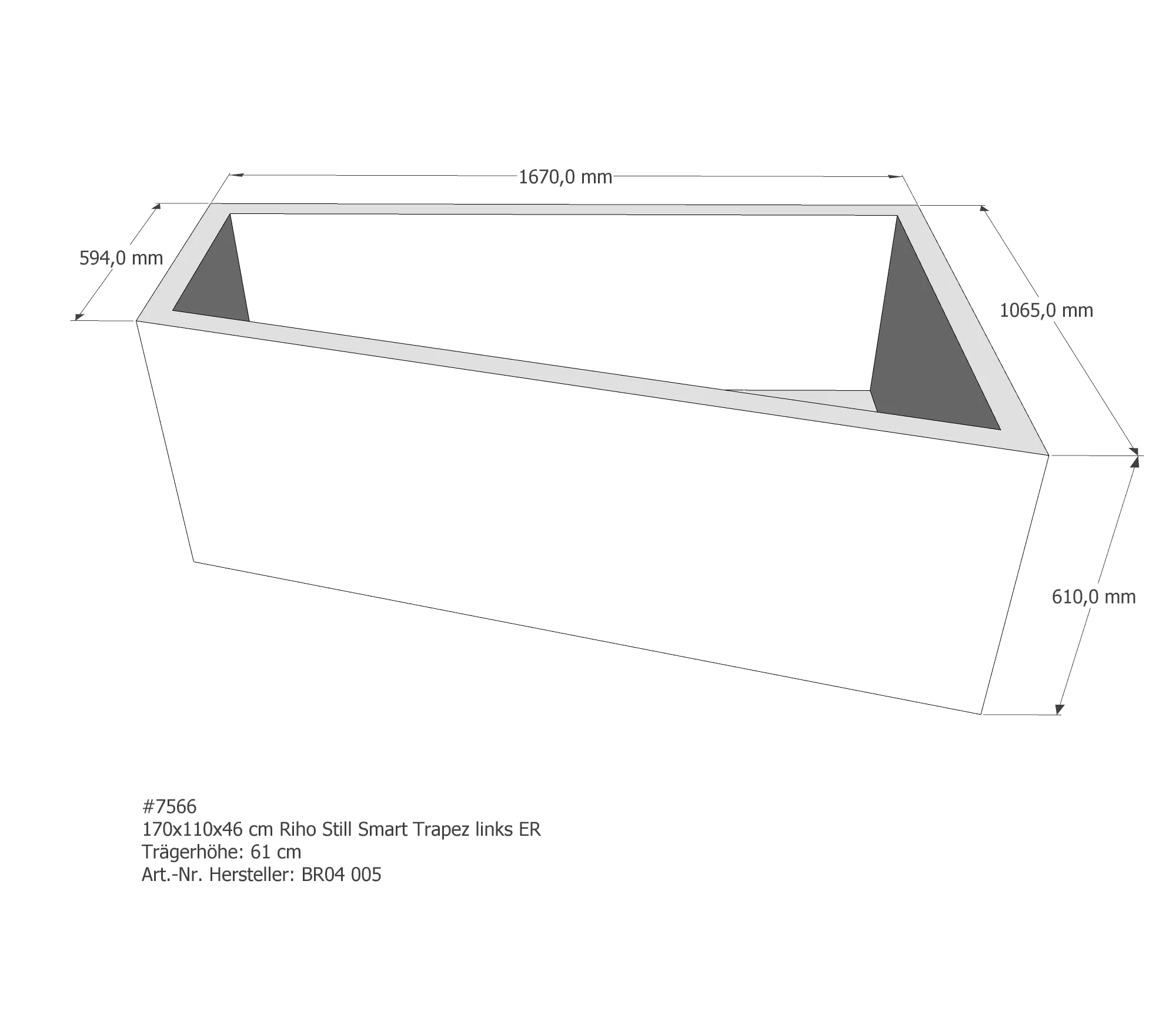 Badewannenträger für Riho Still Trapez links links 170 × 110 × 46 cm
