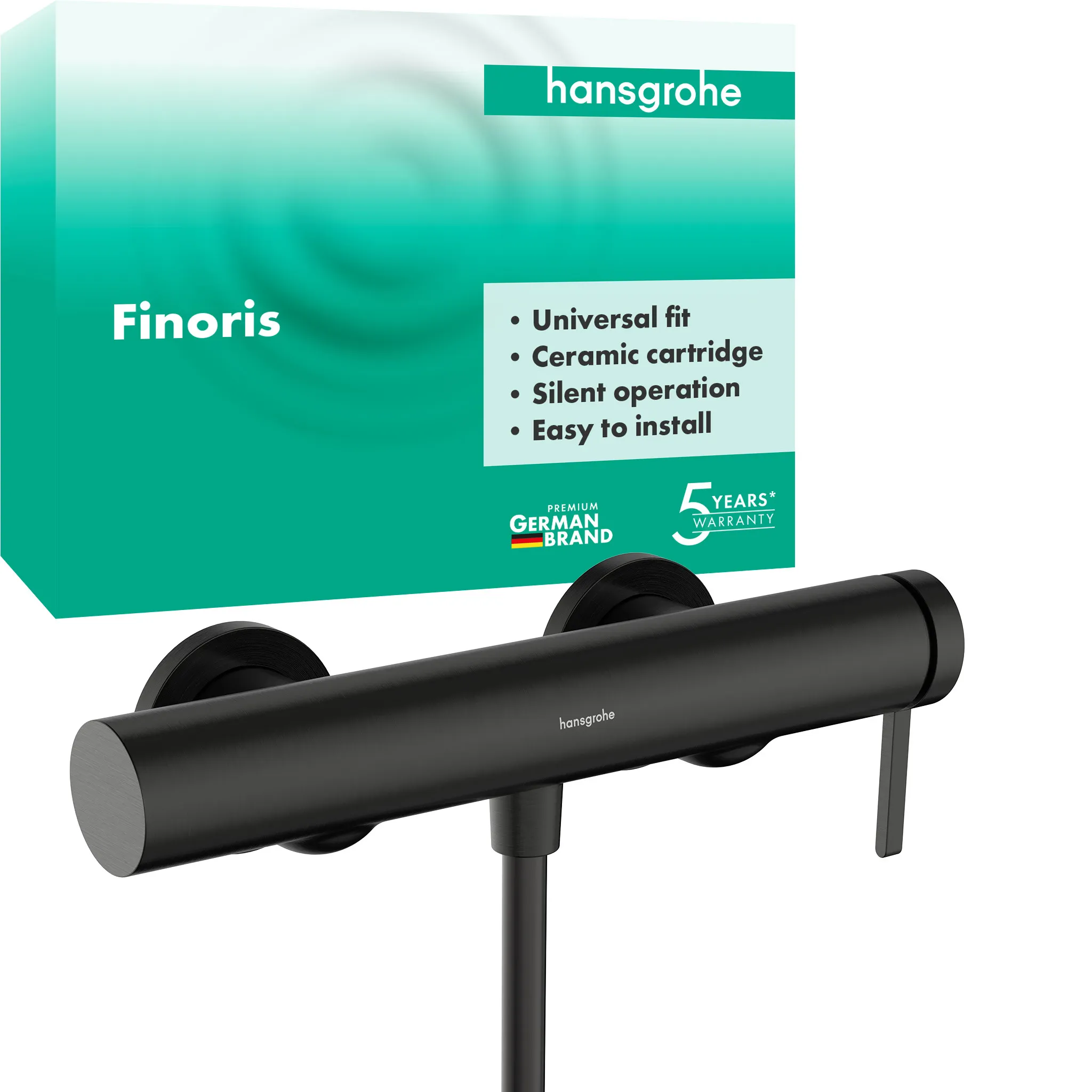 Hansgrohe Brausenmischer Aufputz Finoris BBC, Brushed Black Chrome, Stichmaß 150 ± 12 mm, max. Durchfluss 16,7 l/min, Keramikmischsystem, Rückflussverhinderer, Schalldämpfer, für Durchlauferhitzer geeignet