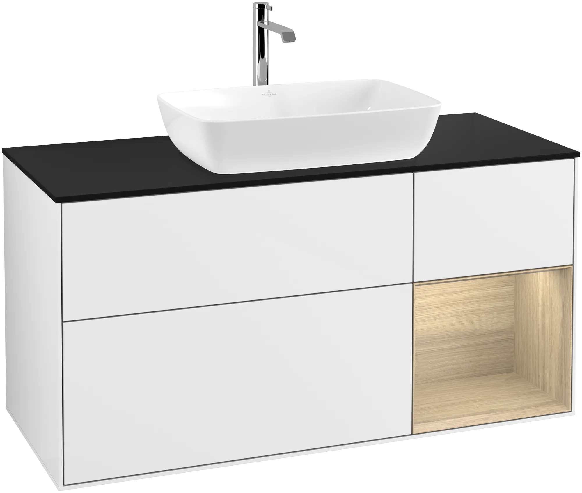 Villeroy & Boch Waschbeckenunterschrank Finion F83, 1200x603x501mm, mit Beleuchtung, 3 Auszüge, Glossy White Lacquer / Oak Veneer / Glass Black Matt
