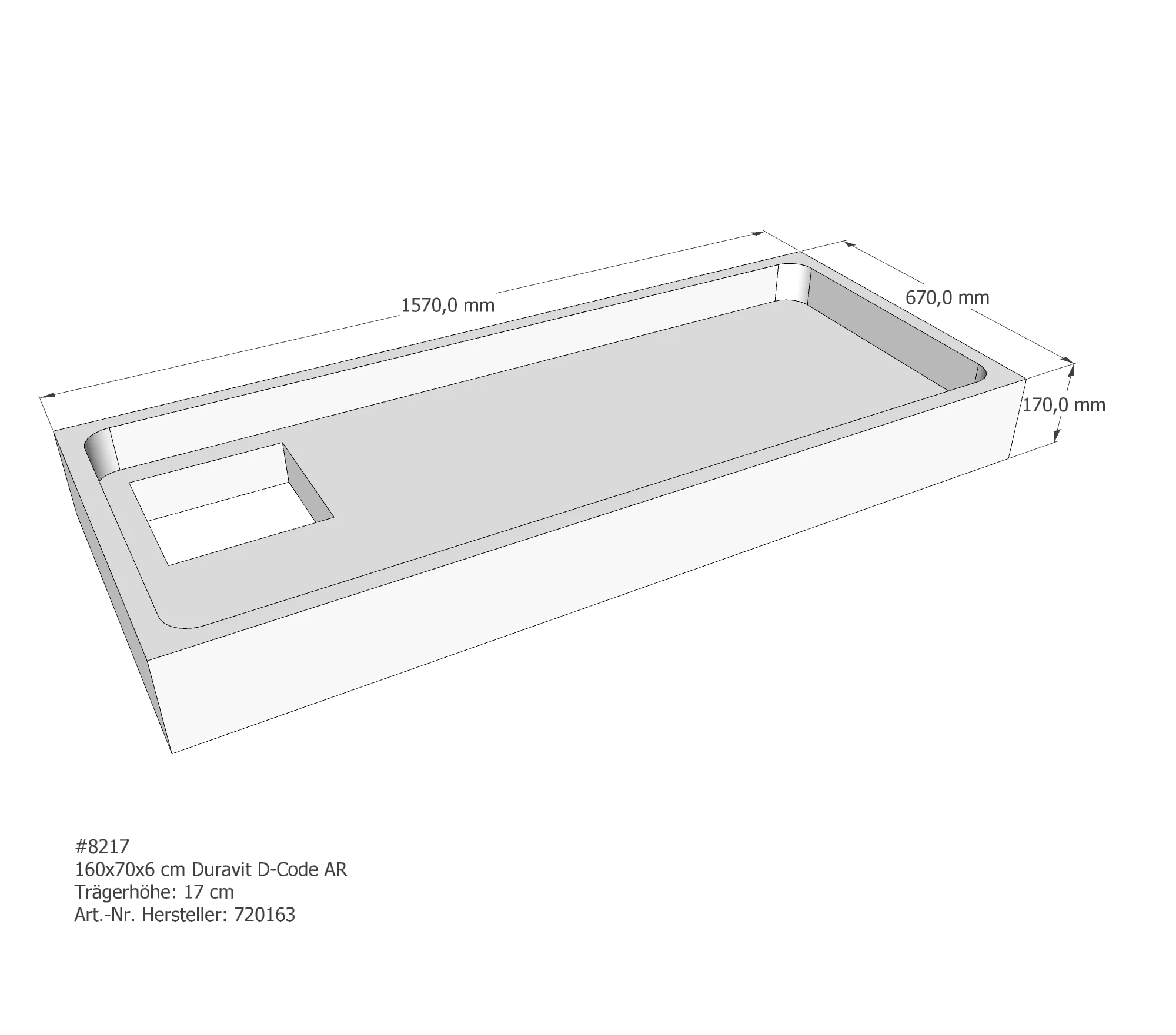 Duschwannenträger für Duravit D-Code 160 × 70 × 6 cm Breite: 70 cm / Länge: 160 cm