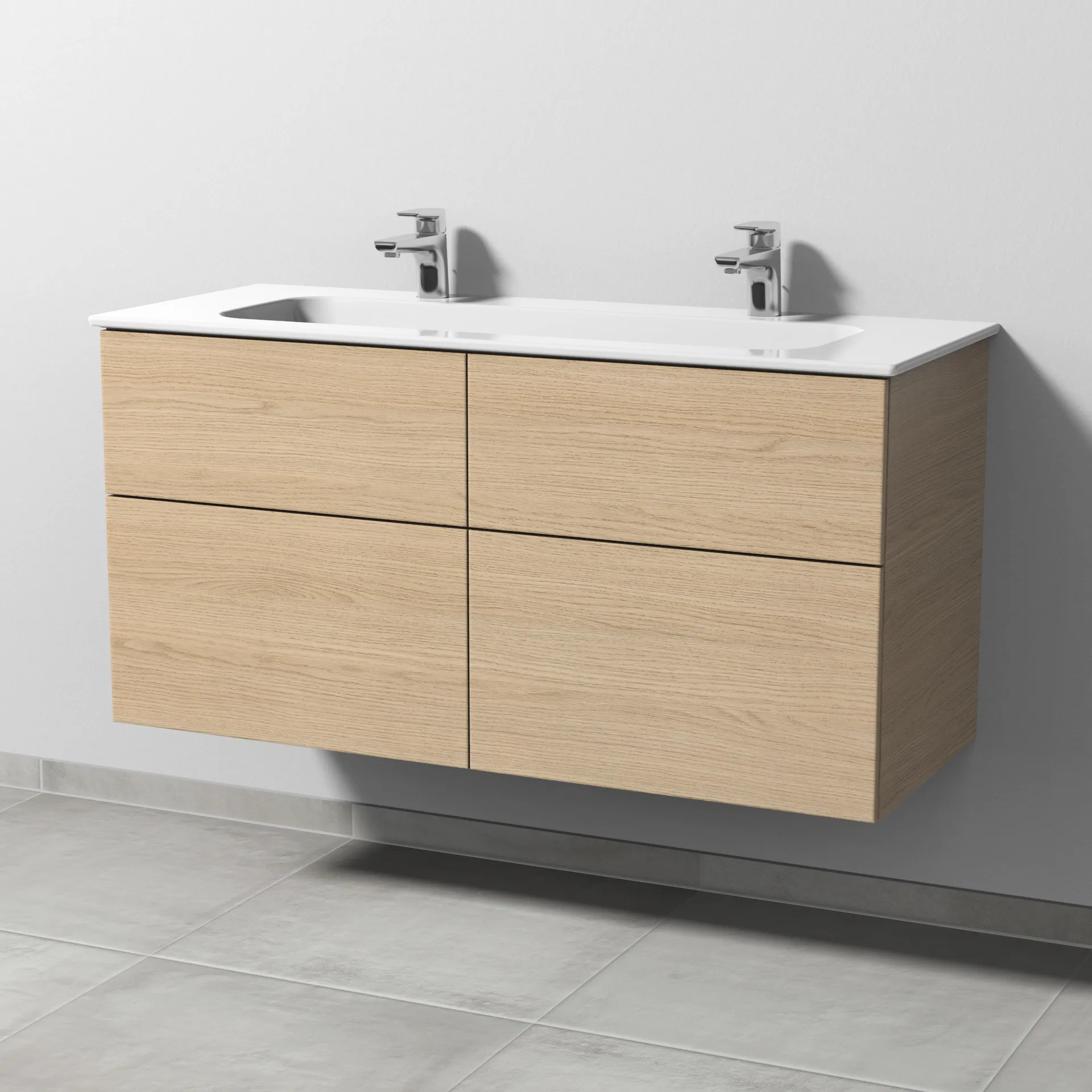 Keramik-Waschtisch-Set mit Waschtischunterschrank „3way“ 117 × 46 × 58,2 cm in Eiche Nordic, mit Hahnlochbohrung, Becken mittig