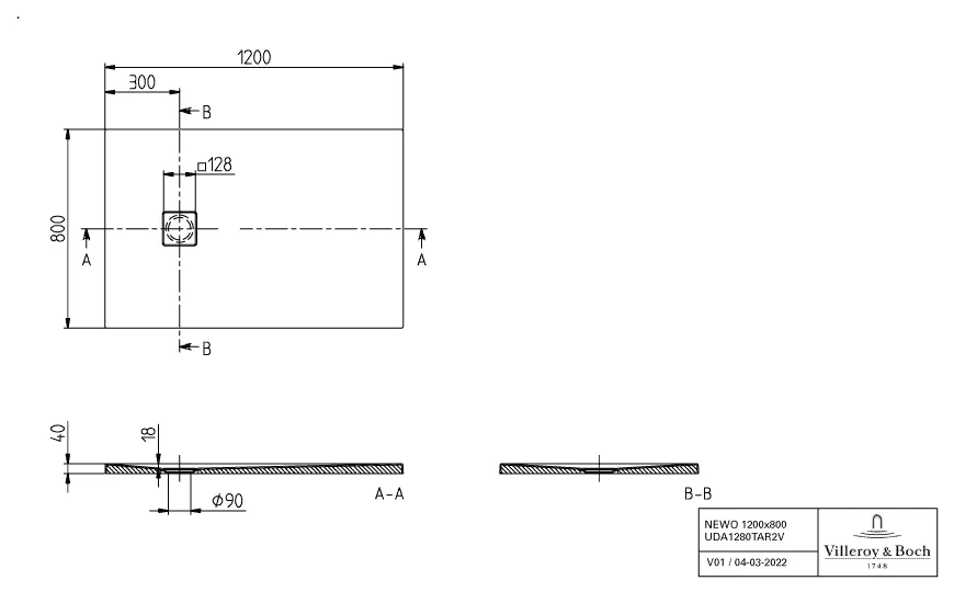 Villeroy & Boch rechteck Duschwanne Flächenbündiger Einbau „Newo“ 120 × 80 cm ohne Oberflächenbeschichtung, in Weiß Alpin