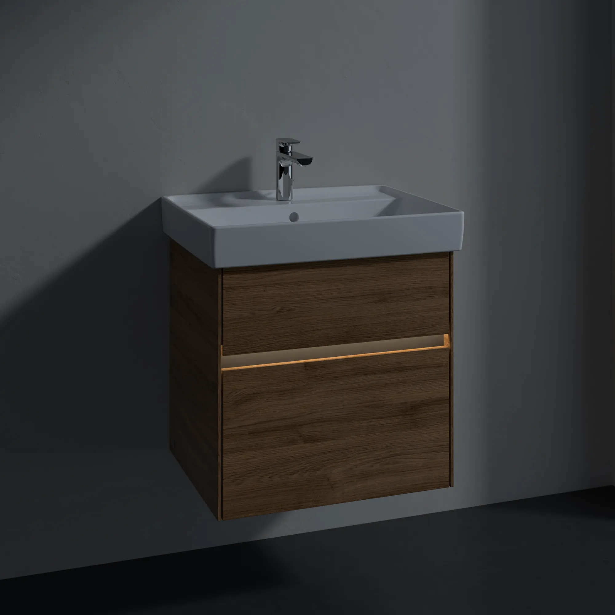 Villeroy & Boch Waschtischunterschrank „Collaro“ 554 × 546 × 444 mm Kansas Oak, für Becken mittig, mit Beleuchtung, Soft Closing