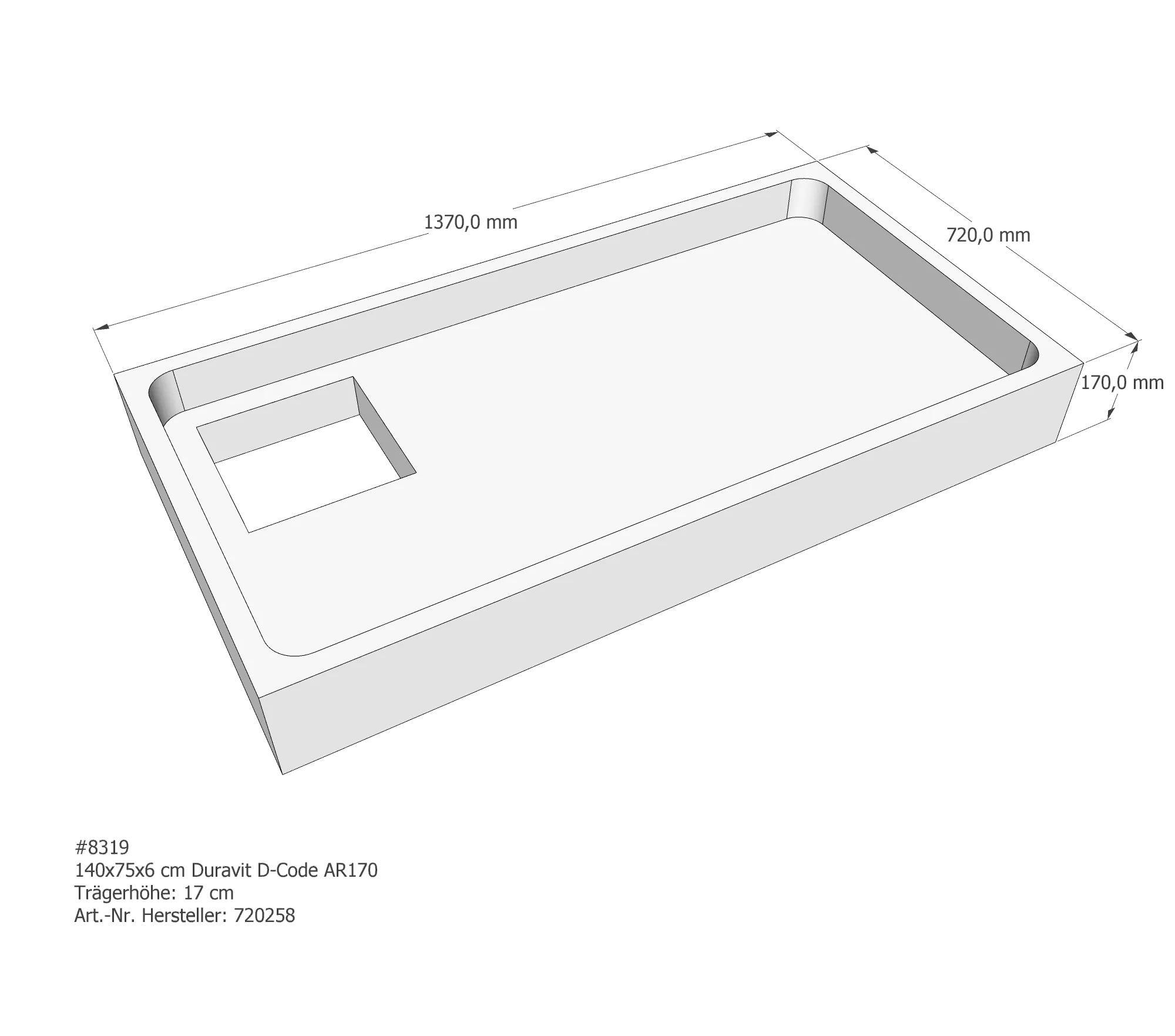 Duschwannenträger passend für Duravit D-Code 140 × 75 × 6 cm Breite: 75 cm / Länge: 140 cm