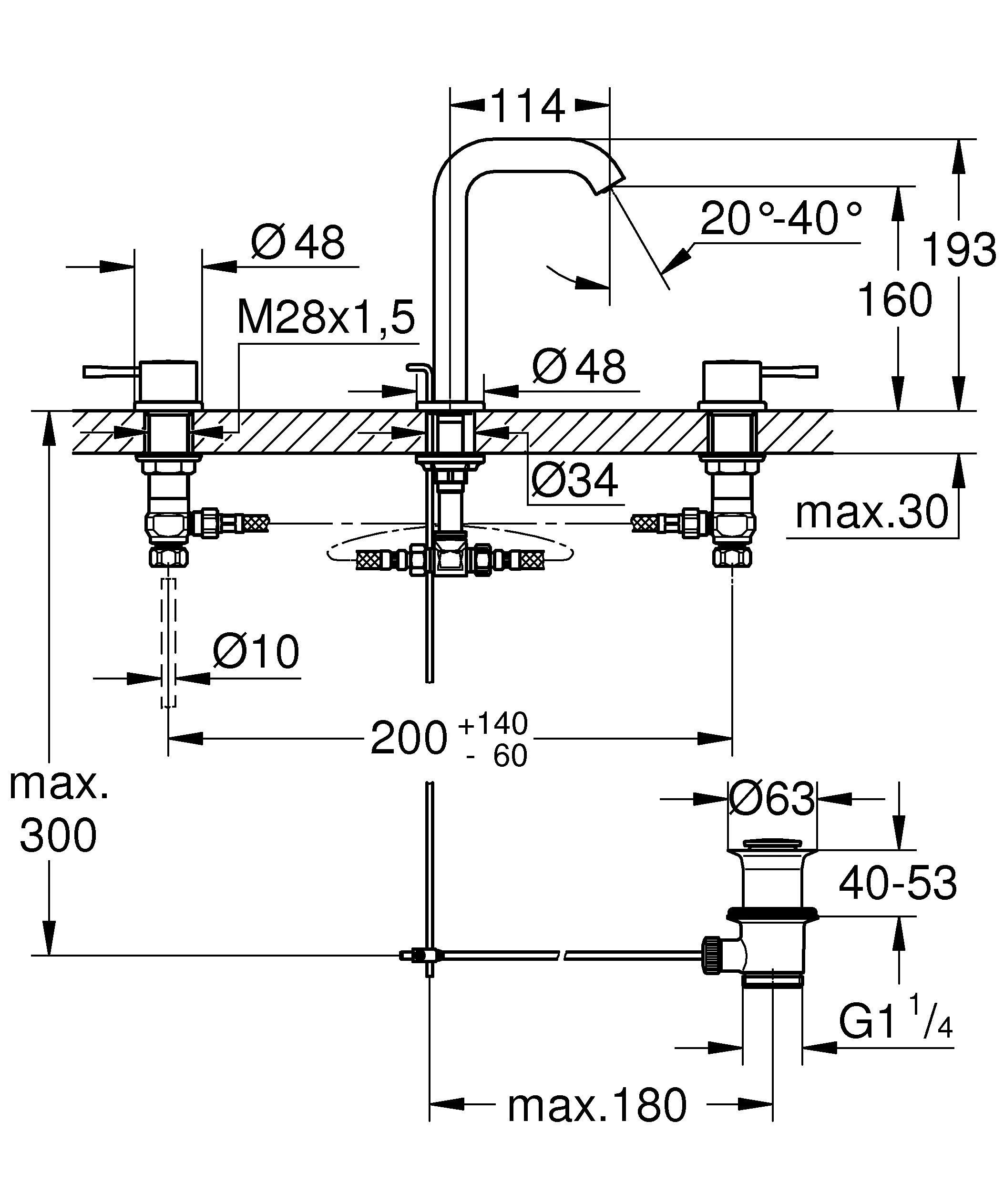 3-Loch-Waschtischbatterie Essence 20296_1, Zugstangen-Ablaufgarnitur 1 1/4'', chrom