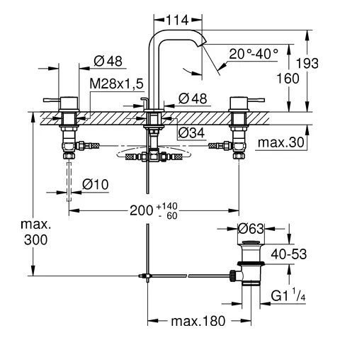 3-Loch-Waschtischbatterie Essence 20296_1, Zugstangen-Ablaufgarnitur 1 1/4'', chrom 3-Loch-Waschtischbatterie Essence 20296_1, Zugstangen-Ablaufgarnitur 1 1/4'', chrom