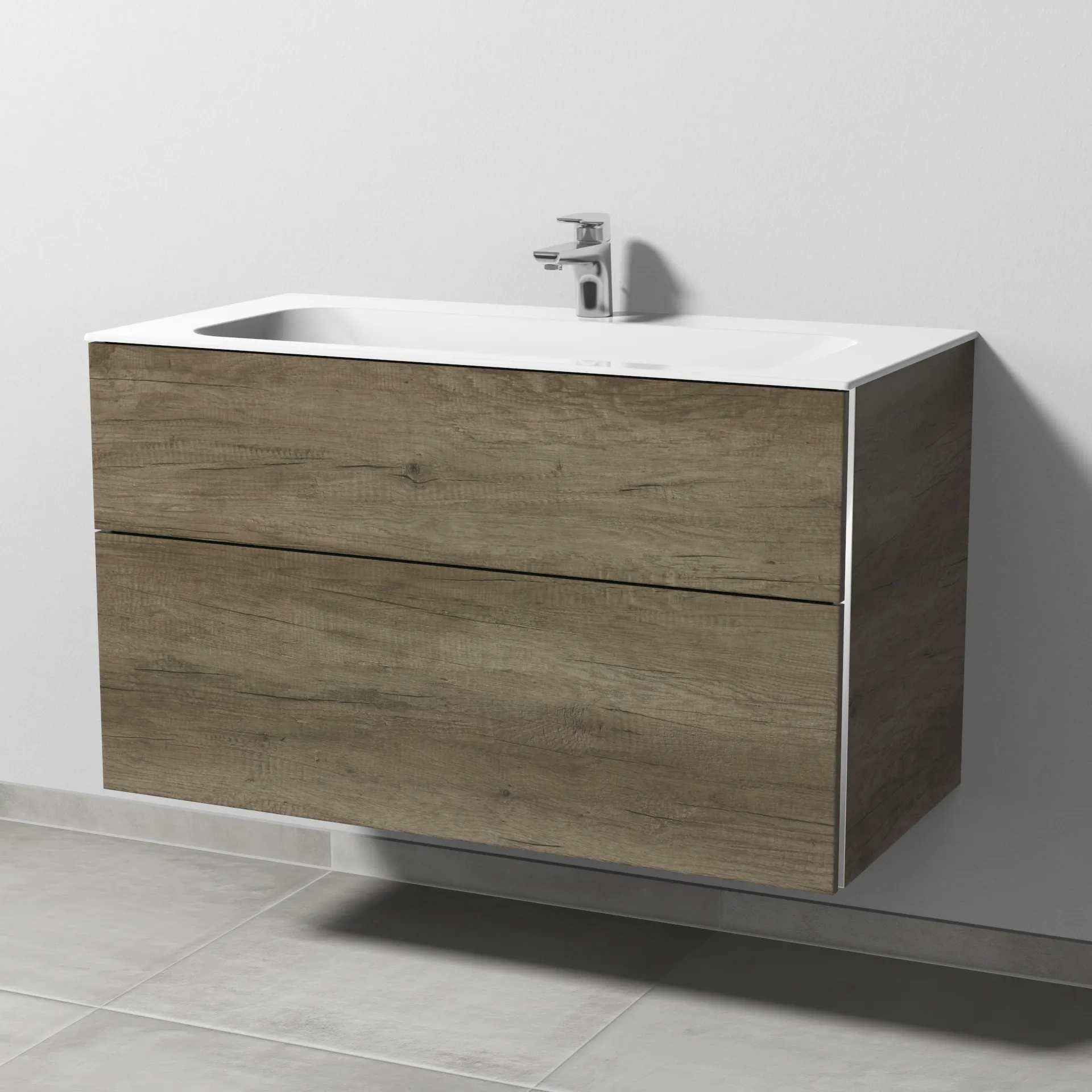 Sanipa Keramik-Waschtisch-Waschtischunterschrank mit Waschtischunterschrank „3way“ 990 × 582 × 497 mm in Eiche Nebraska, mit Hahnlochbohrung, Becken