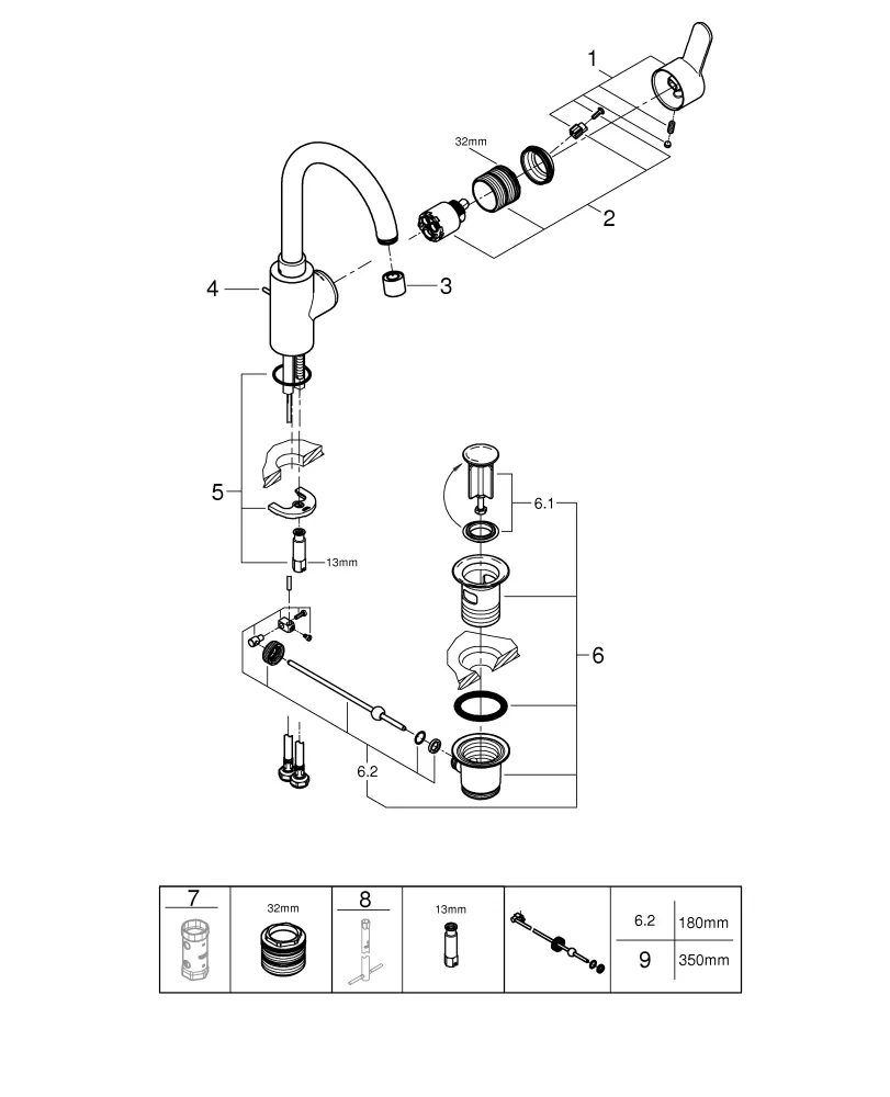 Einhand-Waschtischbatterie Eurostyle Cosmopolitan 23043_3, L-Size, Einlochmontage, getrennte innenliegende Wasserwege – kein Kontakt mit Blei oder Nickel, Zugstangen-Ablaufgarnitur 1 1/4″, chrom