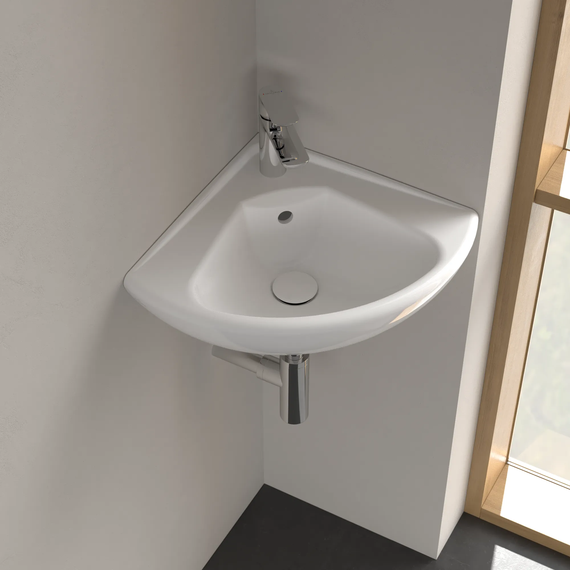 Villeroy & Boch Eck-Handwaschbecken „O.novo“ Compact 415 × 415 × 195 mm, mit Hahnlochbohrung, Hahnlochposition mittig
