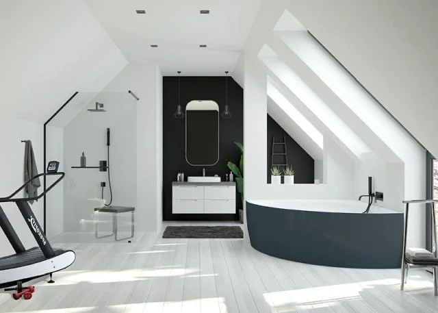 Hoesch iSensi Badewanne Eck 1500x1500 Monolith BiColor Weiß-Grau freistehend mit Überlaufschlitz und vormontiertem Untergestell