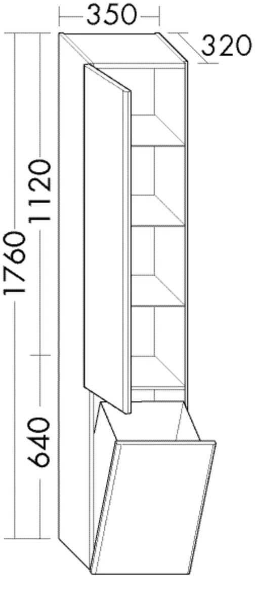 Hochschrank, 1 Tür;1 Wäschekippe;3 Glaseinlegeböden;1 fester Boden, Tiefe: 320 mm, Breite: 350 mm, Höhe: 1760 mm