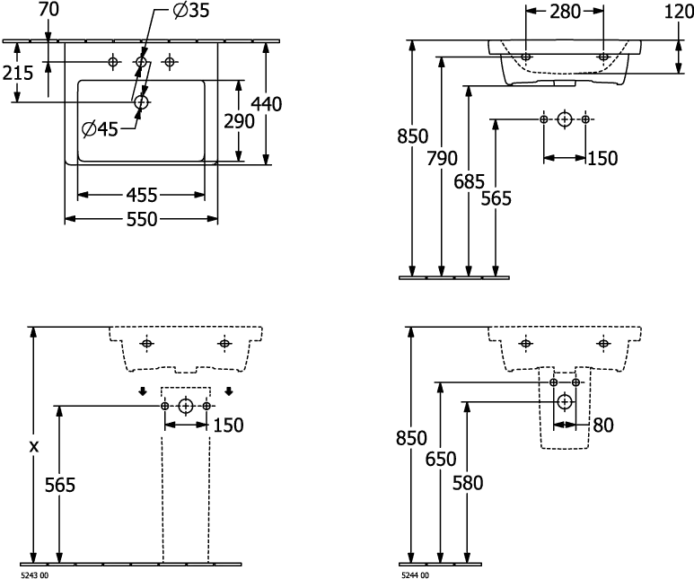 Wandwaschtisch „Subway 3.0“ 55 × 44 × 16,5 × 16,5 cm, ohne Hahnlochbohrung, Hahnlochposition mittig