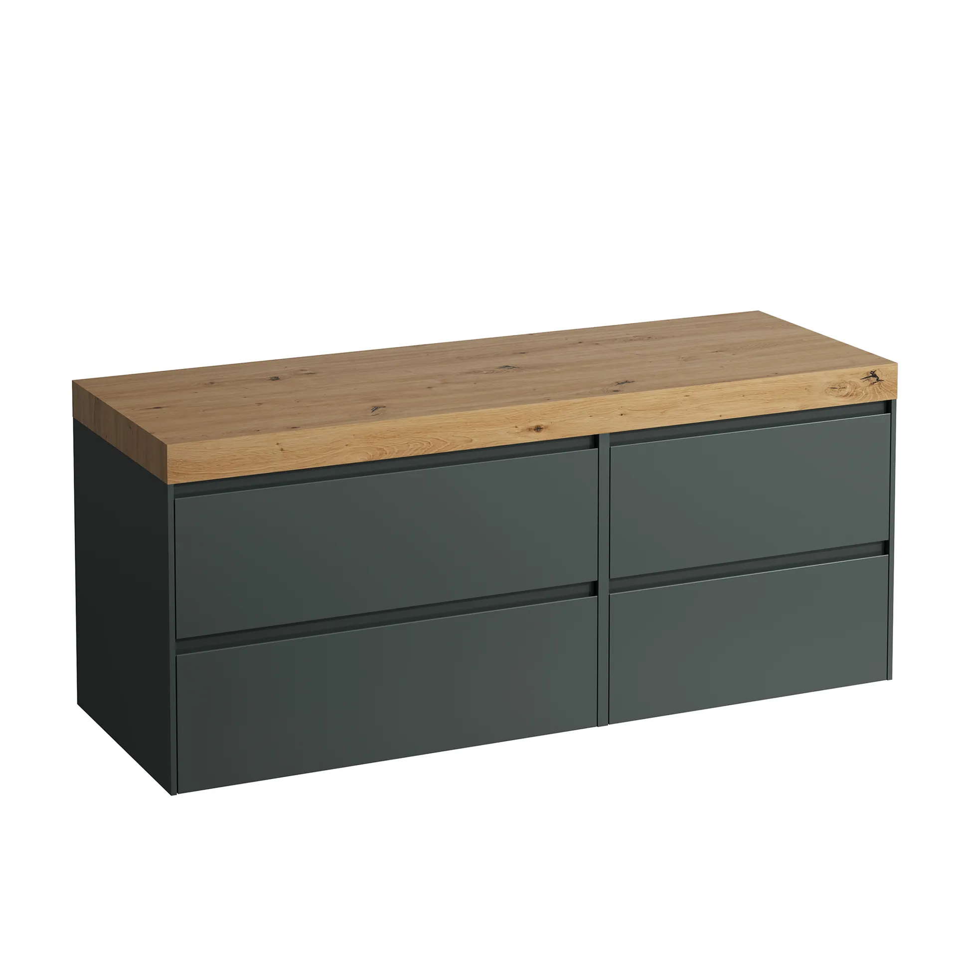 Waschtischunterbau+Waschtischplatte (MODULAR SYSTEM) LANI 495x1370x580 ohne Ausschnitt Abdeckplatte 65 mm (Farbe: .267 wildeiche), mit 4 Schubladen (800 mm links + 600 mm rechts) integrierter Griffleiste Vollauszug und Soft-Close weiß matt
