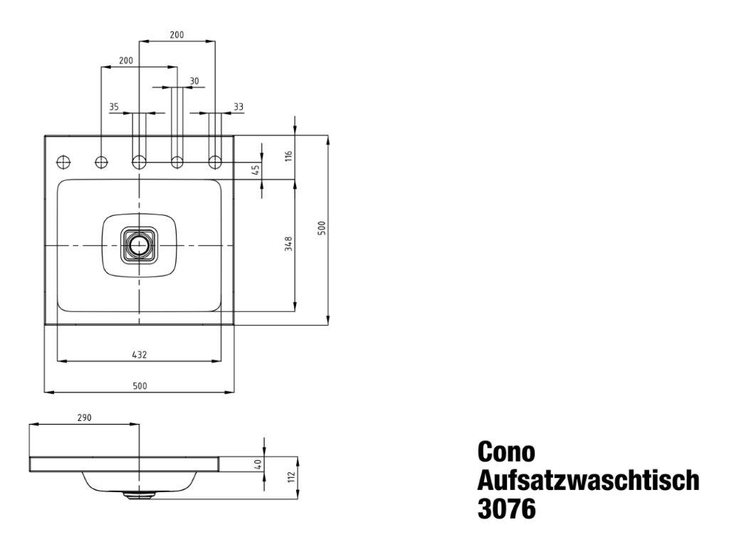 Aufsatzwaschtisch „Cono“ 50 × 50 cm, mittig, ohne Überlauf, ohne Hahnlochbohrung in alpinweiß mit Perl-Effekt