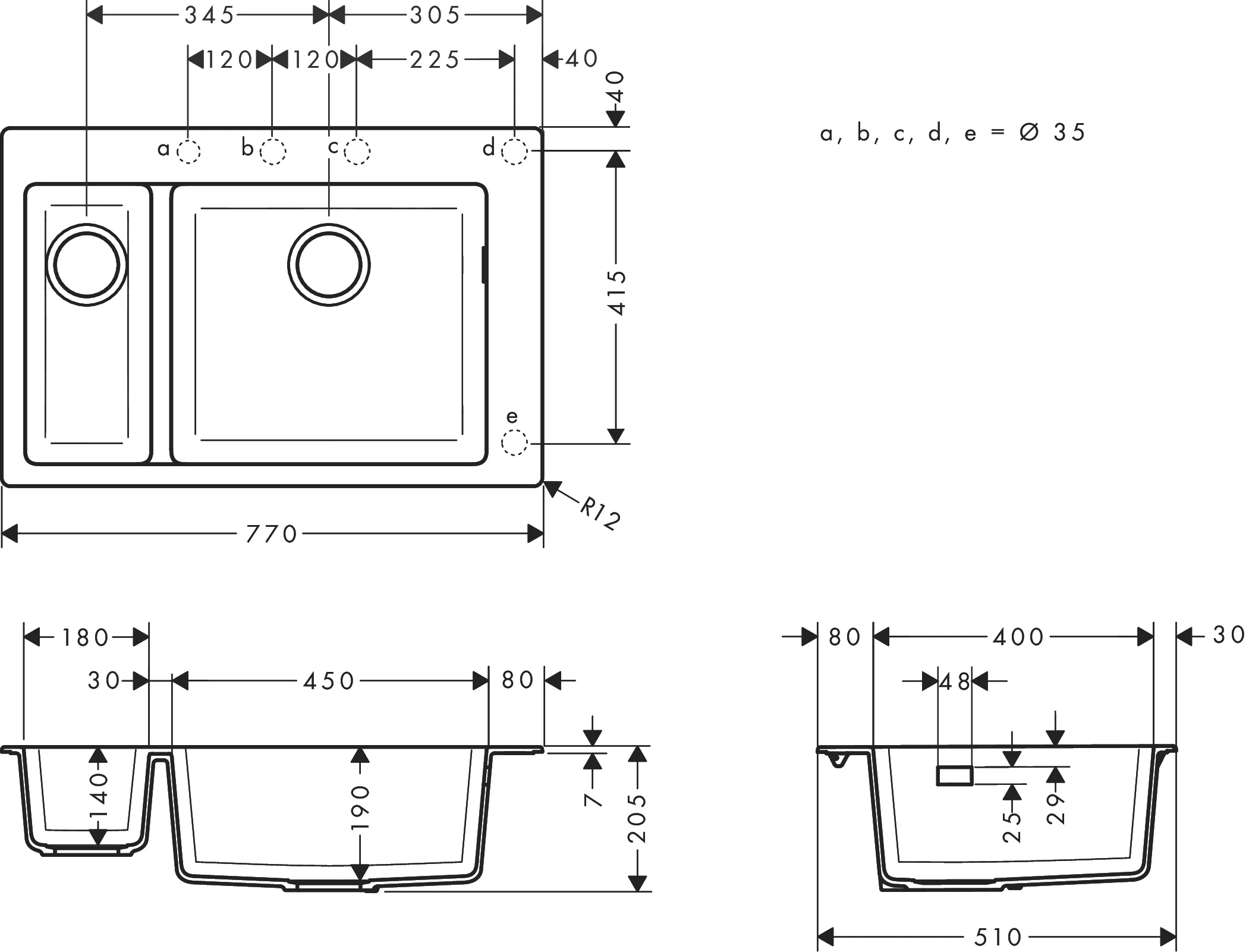 Hansgrohe Einbauspüle S51 Serie, Steingrau, 750 x 490 mm Ausschnitt, 80 cm Unterschrank, Aufbau, 1 Hauptbecken + 1 Zusatzbecken