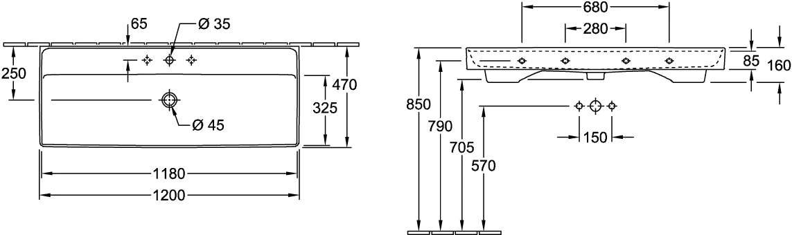 Villeroy & Boch Schrankwaschtisch aus TitanCeram „Collaro“ 1200 × 470 × 160 mm, mit Hahnlochbohrung, Hahnlochposition mittig in Weiß Alpin