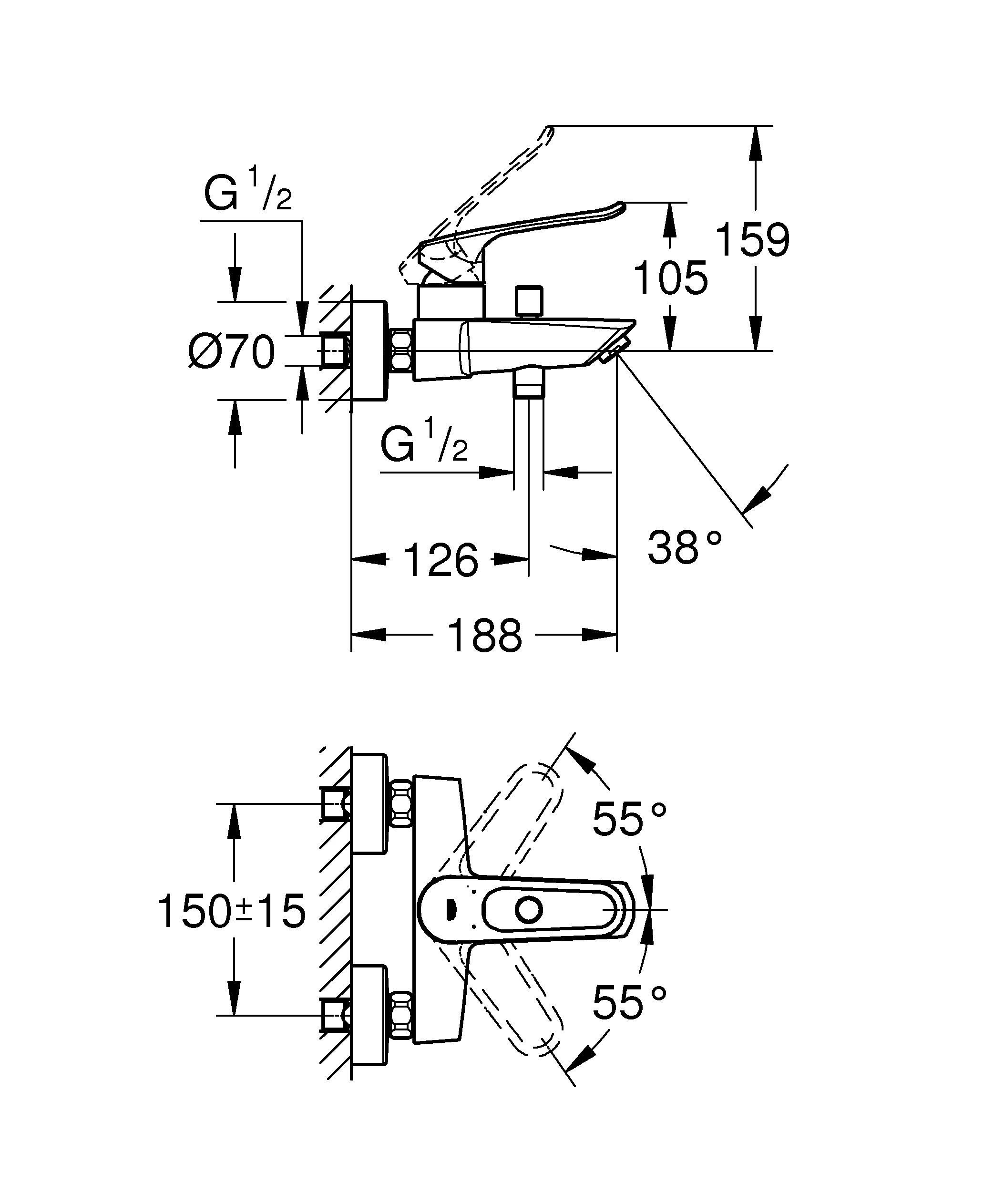 Einhand-Wannenbatterie Eurosmart, 25241_3, Wandmontage, offener Metall-Hebelgriff, Temperaturbegrenzer, S-Anschlüsse, eigensicher, chrom