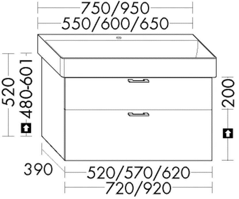 Waschtischunterschrank Sys30 von burgbad – 1 Schublade oben, 1 Auszug unten, 390x520x520 mm, Siphonausschnitt