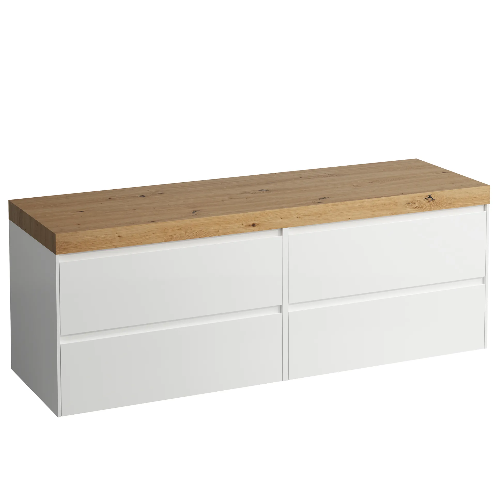 Waschtischunterbau+Waschtischplatte (MODULAR SYSTEM) LANI 495x1570x580 ohne Ausschnitt Abdeckplatte 65 mm (Farbe: .267 wildeiche), mit 4 Schubladen (800 mm links + 800 mm rechts) integrierter Griffleiste Vollauszug und Soft-Close weiß matt