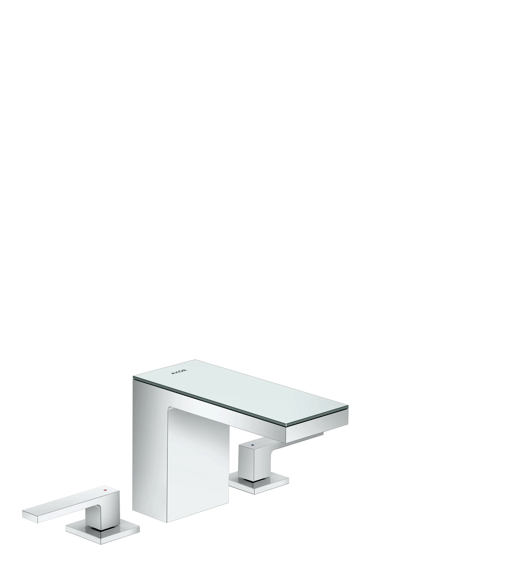 Hansgrohe AXOR MyEdition 3-Loch Waschtischarmatur in Chrom/Spiegelglas, ComfortZone 110, Ausladung 150 mm, Auslaufhöhe 109 mm, Hebelgriff, PowderRain Strahlart, max. Durchfluss 5 l/min, Push-Open Ablaufgarnitur G 11/4, Anschluss DN15