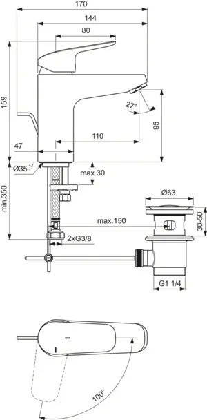 Waschtischarmatur Ceraflex, Grande, 5l/min., BlueStart, mit Ablaufgarnitur, Ausladung 110mm, Chrom Waschtischarmatur Ceraflex, Grande, 5l/min., BlueStart, mit Ablaufgarnitur, Ausladung 110mm, Chrom