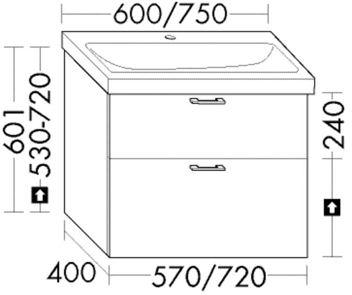 Waschtischunterschrank Sys30 von burgbad - 400x570x601 mm, 1 Schublade oben (260 mm tief), 1 Auszug unten (300 mm tief), mit Siphonausschnitt