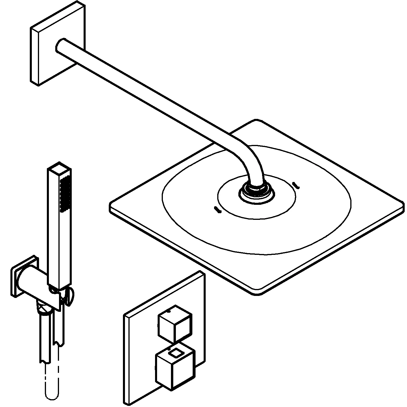 Unterputz Duschsystem Grohtherm Cube 34868, UP-THM-Brausebatterie für 2 Abgänge, integriertes Absperr-/Umstellventil, Rapido SmartBox, Kopfbrause Rainshower Mono 310 Cube, Euphoria Cube Stick Handbrause, Wandabgangsbogen, Brauseschlauch, chrom