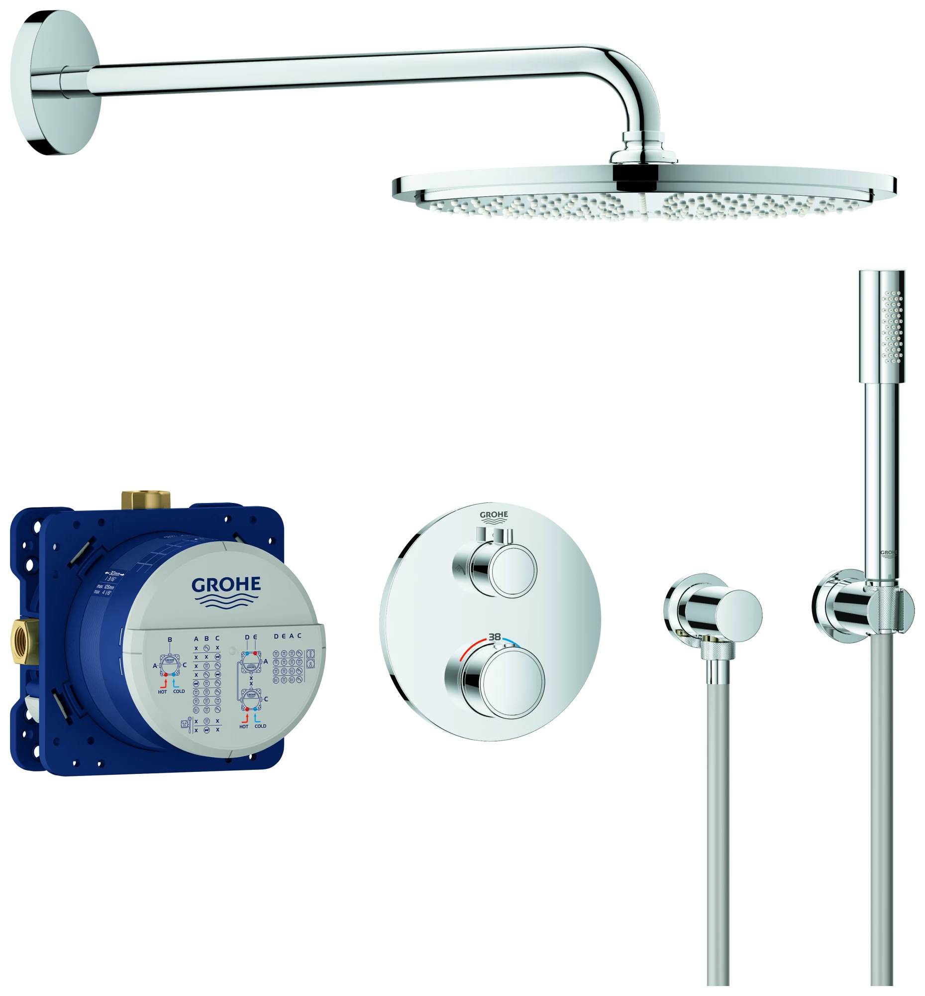 Duschsystem Unterputz Grohtherm 34731, mit Grohtherm Thermostat mit integrierter 2-Wege-Umstellung, Rainshower Cosmopolitan 310 Metall-Kopfbrause, runde Rosette, chrom