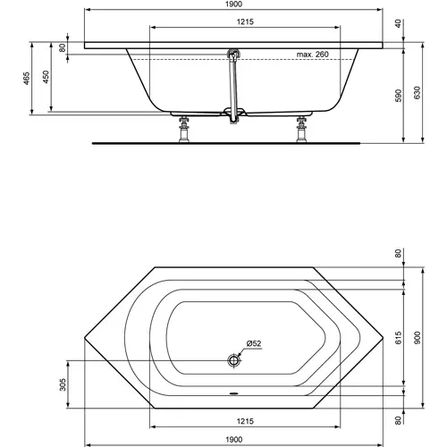 Badundu Badewanne sechseck 1900 × 900 mm, Mittelablauf