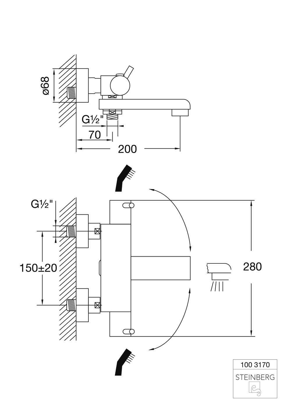 Serie 100 Wanne/Brause-Aufputzthermostat mit schwenkbaren Auslauf und integriertem Umsteller chrom