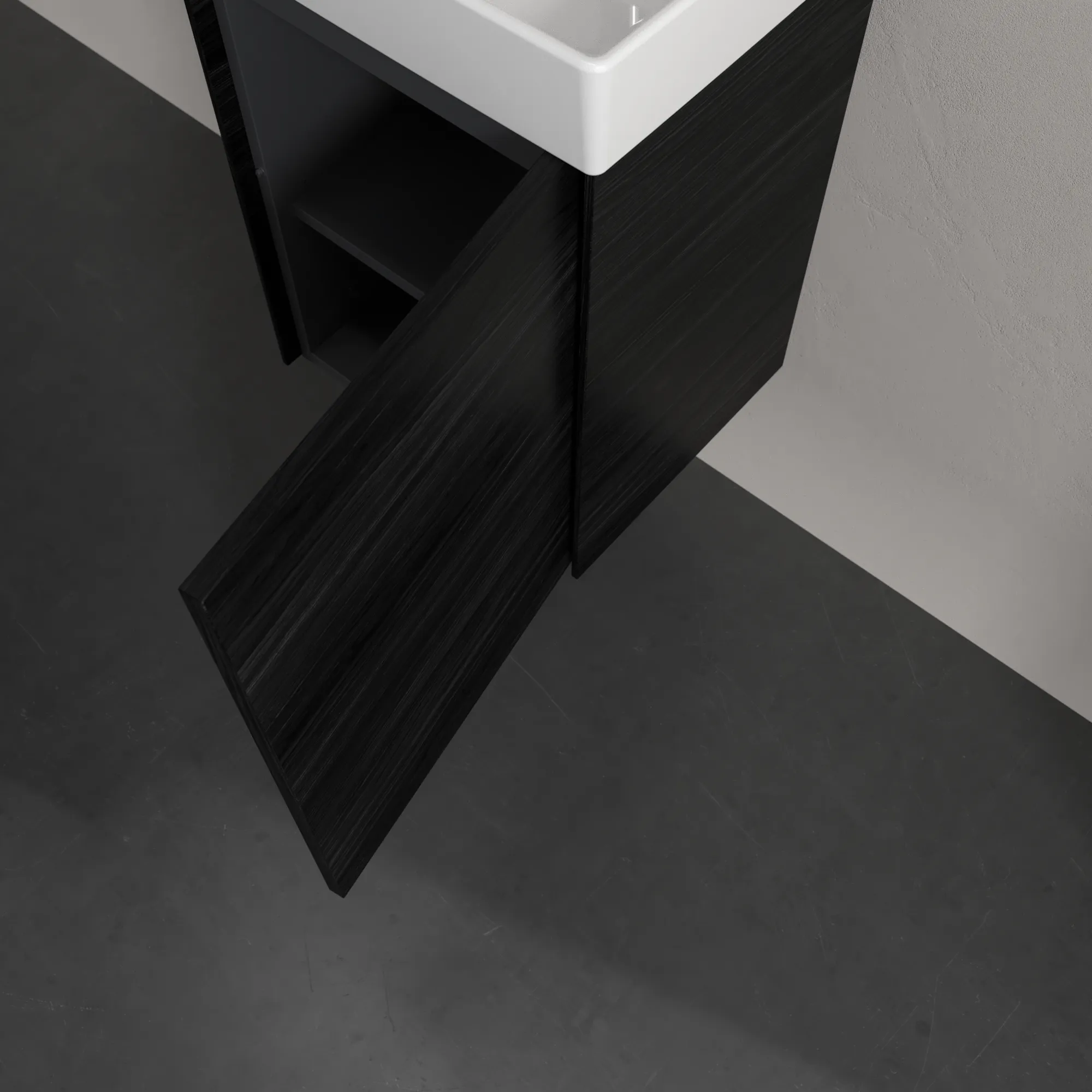 Villeroy & Boch Waschtischunterschrank mit Tür „Collaro“ 410 × 546 × 344 mm Black Oak, für Becken mittig, Anschlag rechts, ohne Beleuchtung Villeroy & Boch Waschtischunterschrank mit Tür „Collaro“ 410 × 546 × 344 mm Black Oak, für Becken mittig, Anschlag rechts, ohne Beleuchtung