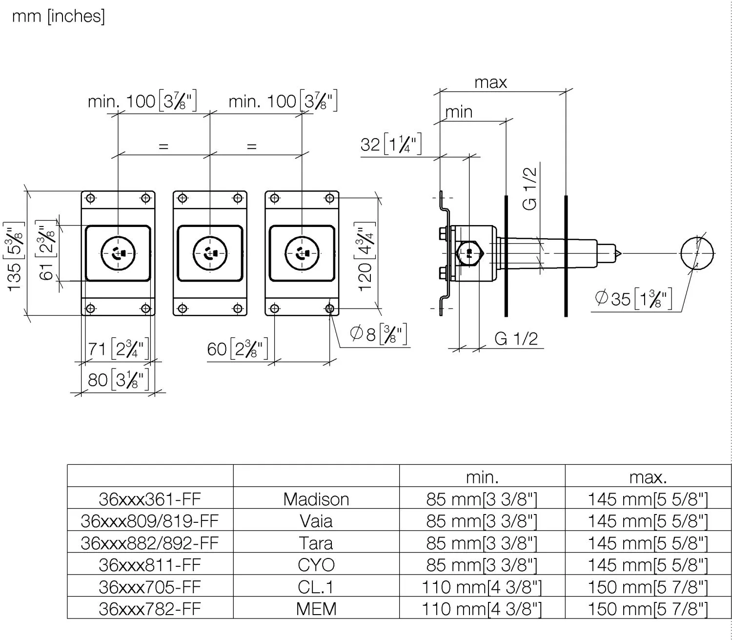 Dornbracht UP-Wandbatterie, variable Positionierung, DR-Messing, bleifrei, Anschluss ½″, 3x Verschlussstopfen ½″, 3x Rohbau-Schutzhauben