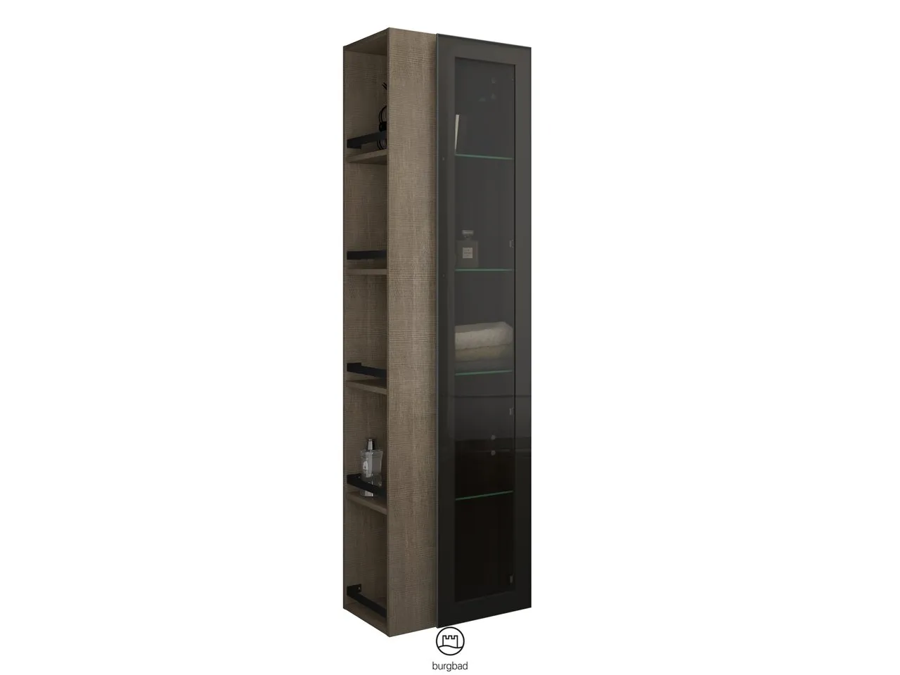 Hochschrank Yumo von burgbad - 320 mm tief, 500 mm breit, 1760 mm hoch mit Rauchglaseinsatz in Bronze und offenem Regal
