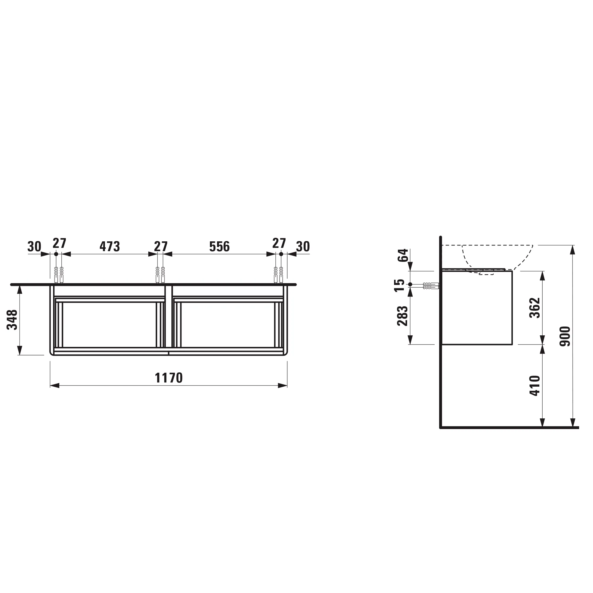 Waschtischunterbau BASE für INO 348x1170x362 2 Schubladen mit Griff Aluminium eloxiert für Doppelwaschtisch H814304 weiß matt