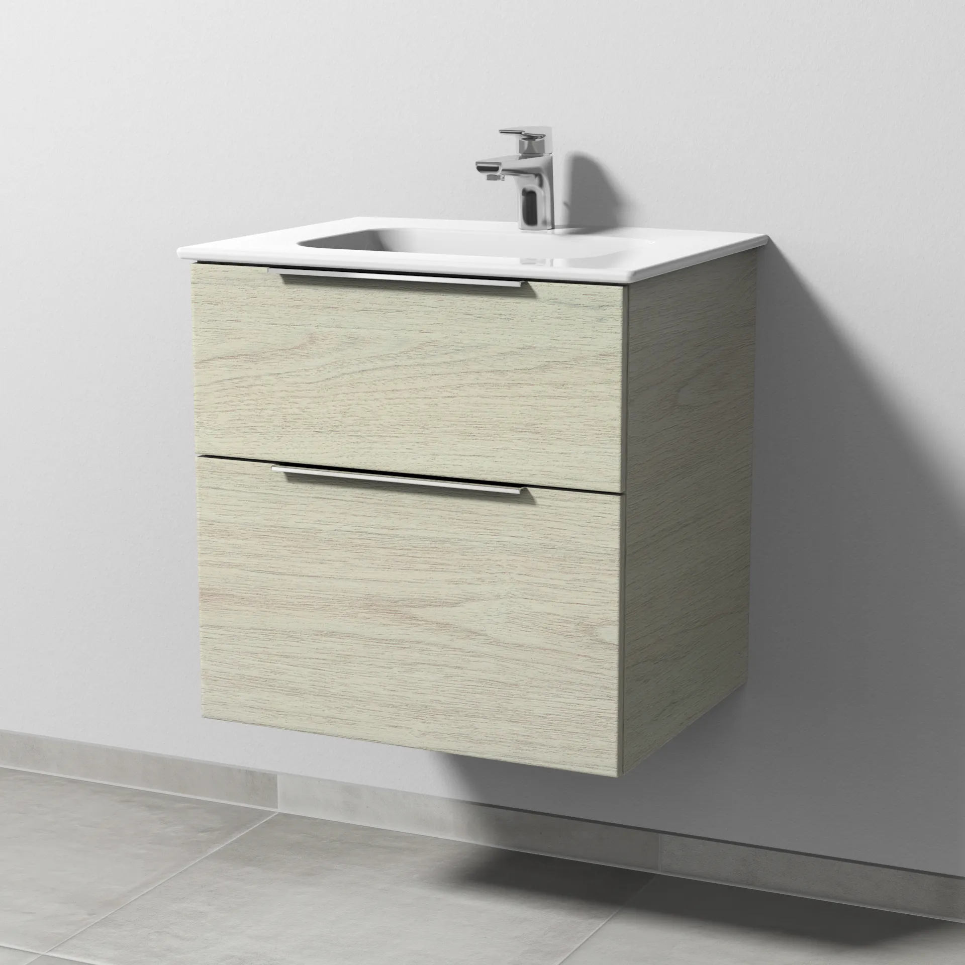 Keramik-Waschtisch-Set mit Waschtischunterschrank „3way“ 57 × 46 × 58,2 cm in White Oak, mit Hahnlochbohrung, Becken mittig