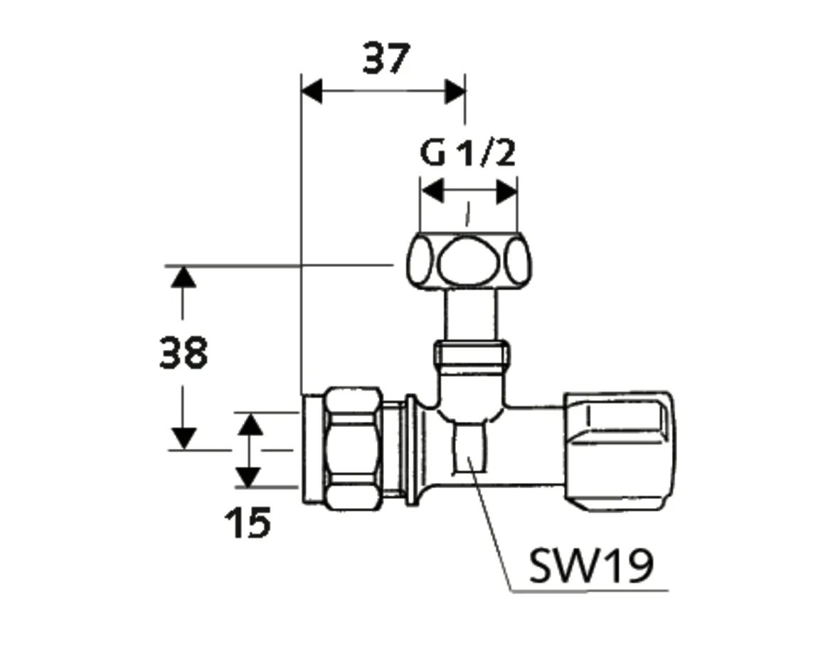 Eckventil mit Regulierfunktion COMFORT, COMFORT-Griff, Messing-Klemmring-Verschraubung Ø 15 (DN 15 G 1/2 AG), Überwurfmutter DN 15 G 1/2 IG, chrom