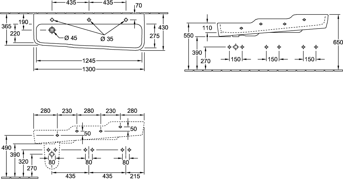 Reihenwaschtisch O.novo Kids 4A0813, 1300 x 430 mm, Rechteck, 3HL. Hahnlöcher durchgestochen, ohne Überlauf, Weiß Alpin