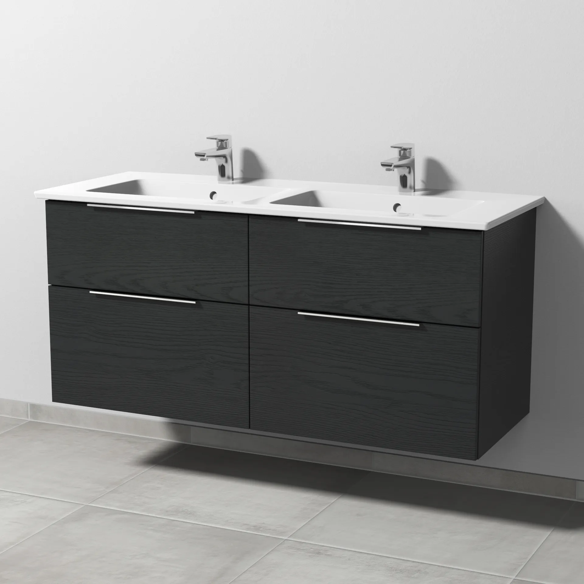 Keramik-Waschtisch-Set mit Waschtischunterschrank „3way“ 125,5 × 47,7 × 59,1 cm in Black Oak, mit Hahnlochbohrung, Becken links und rechts