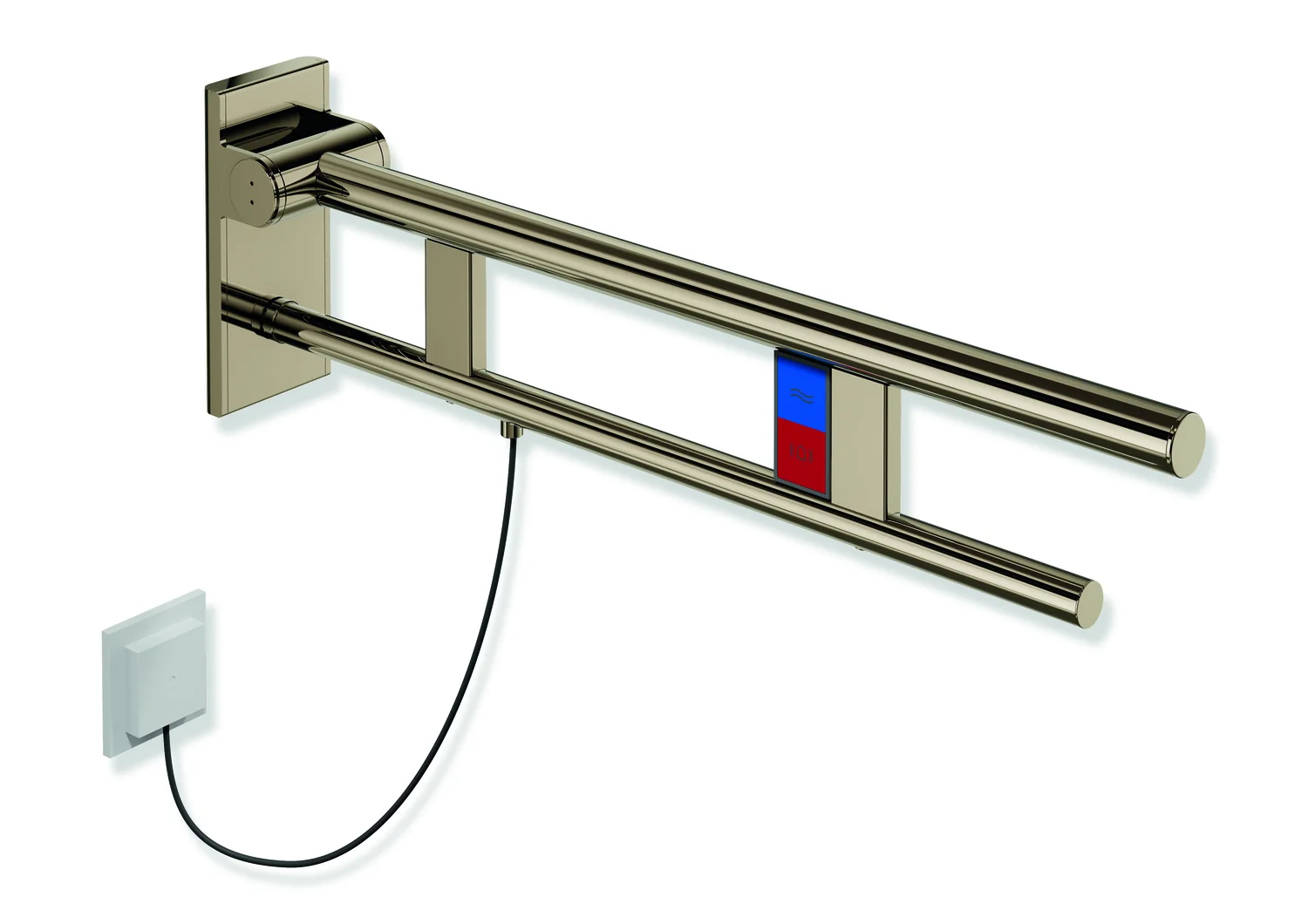 HEWI Stützklappgriff Duo System 900 Design A, Edelstahl PVD bronze glänzend, Ausladung 700 mm, Spül-/Funktionstasten E-Ausführung links HEWI Stützklappgriff Duo System 900 Design A, Edelstahl PVD bronze glänzend, Ausladung 700 mm, Spül-/Funktionstasten E-Ausführung links