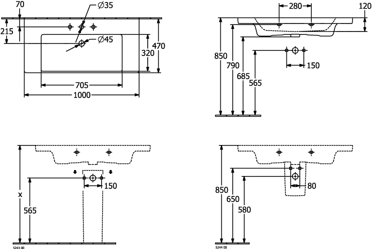 Wandwaschtisch aus TitanCeram „Subway 3.0“ 100 × 47 × 16,5 × 16,5 cm, ohne Hahnlochbohrung, Hahnlochposition mittig