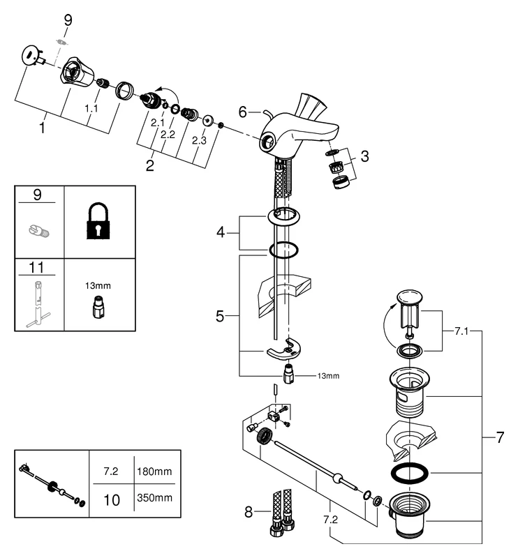 Waschtisch-Einlochbatterie Costa 21390_1, Gussauslauf mit Mousseur, Zugstangen-Ablaufgarnitur 1 1/4'', chrom Waschtisch-Einlochbatterie Costa 21390_1, Gussauslauf mit Mousseur, Zugstangen-Ablaufgarnitur 1 1/4'', chrom