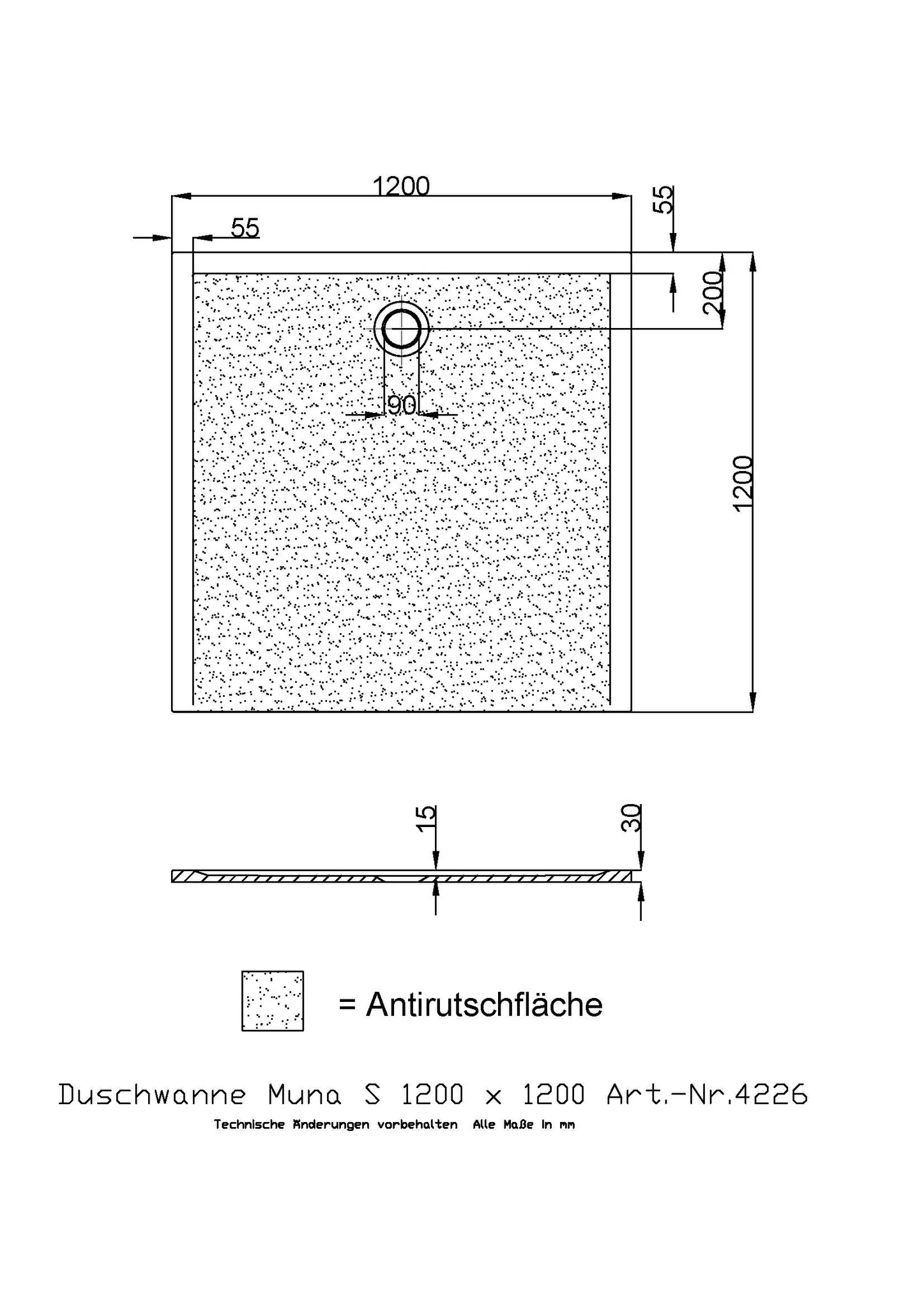 Duschwanne „Muna S“ Quadrat 120 × 120 cm in Schiefergrau