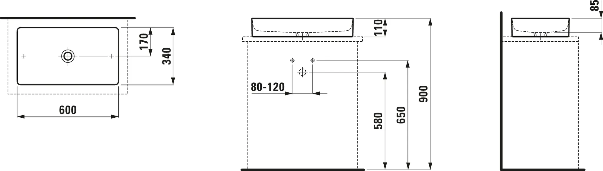 Waschtisch-Schale LIVING Saphirkeramik 340x600x110 rechteckig ohne Hahnloch ohne Überlauf weiß