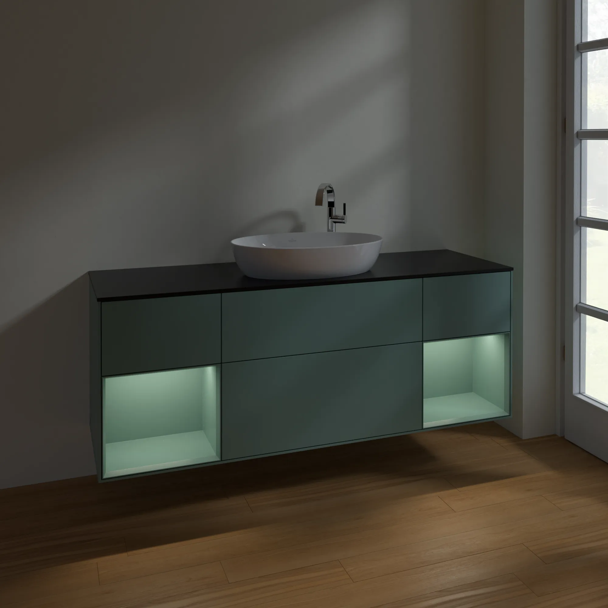 Villeroy & Boch Waschtischunterschrank „Finion“ für Schrankwaschtisch 1600 × 603 × 501 mm Olive Matt Lacquer, für Becken mittig, mit Hahnlochbohrung