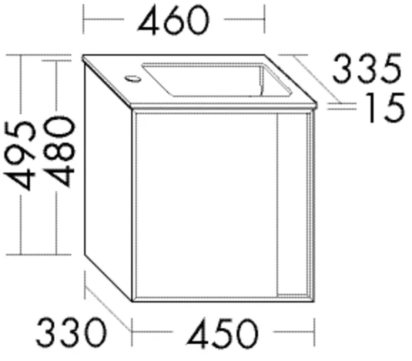 Mineralguss-Waschtisch mit Unterschrank, Serie Moto PG2 von burgbad – 335 mm tief, 460 mm breit, 495 mm hoch, Becken 295x210 mm, Muldentiefe 98 mm