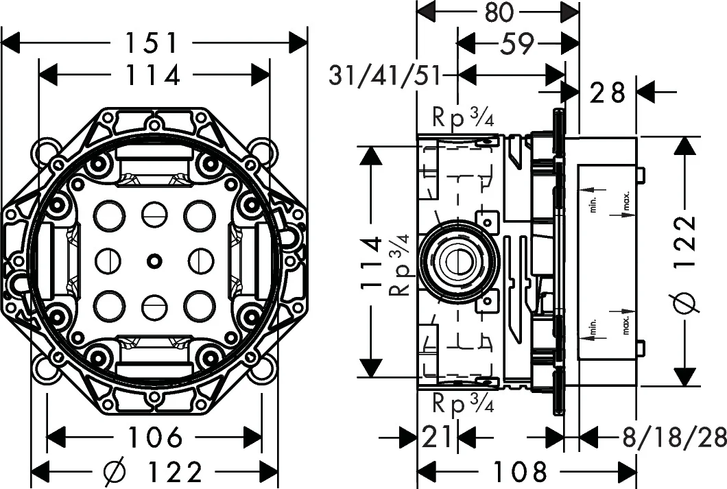 Hansgrohe iBox universal Grundkörper - rotationssymmetrisch, schallentkoppelt, Anschluss Rp 3/4, DN20, Einbautiefe 80–108 mm Hansgrohe iBox universal Grundkörper - rotationssymmetrisch, schallentkoppelt, Anschluss Rp 3/4, DN20, Einbautiefe 80–108 mm